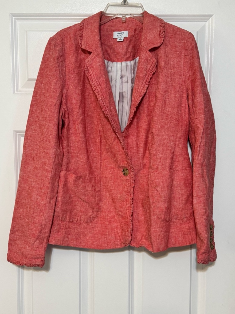 Crown & Ivy Linen Cotton Blend One Button Ruffle Detail Two Pocket Blazer Size 4